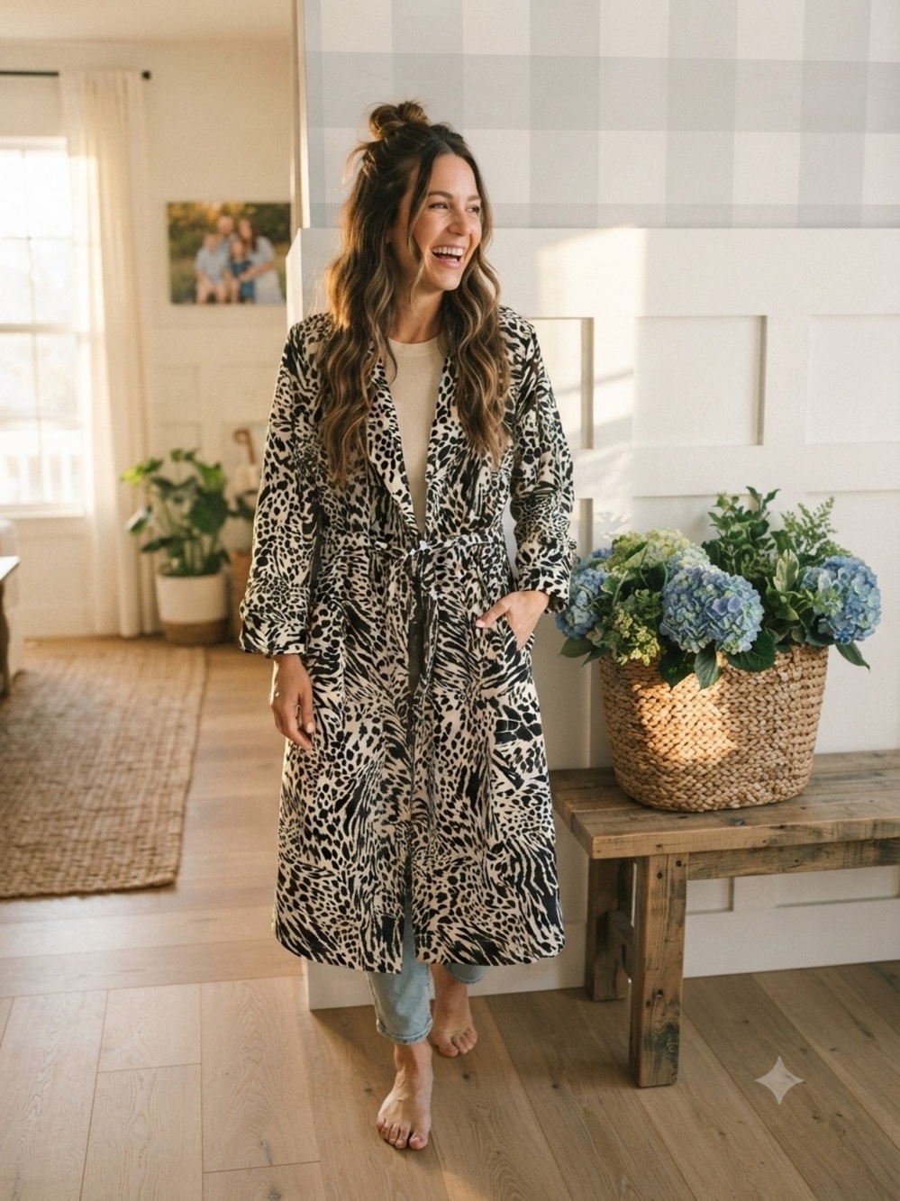 Leopard Print Trench Coat - Black & Cream 2X